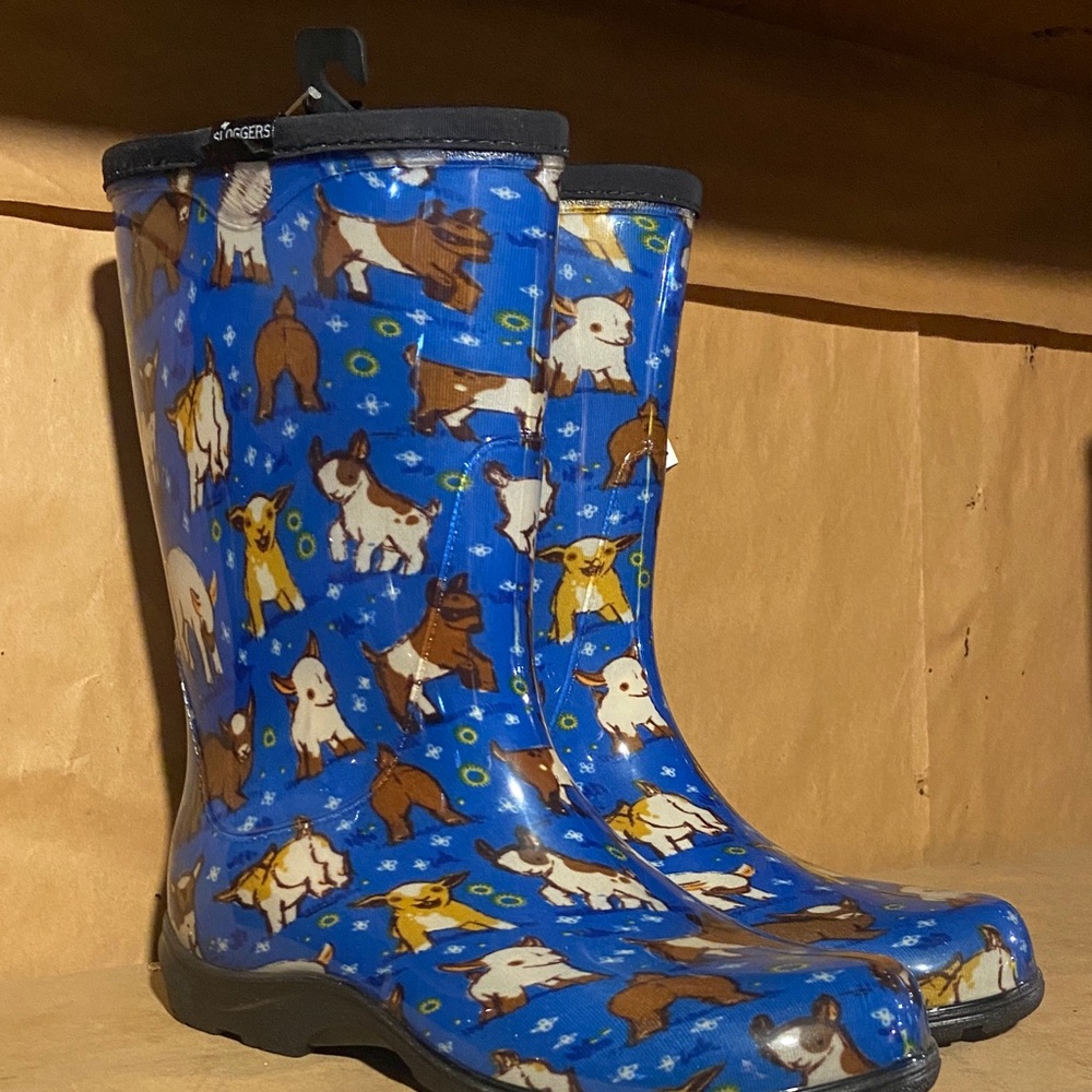 Sloggers blue Baby goat Print Rain Boots. NWT. Made in USA